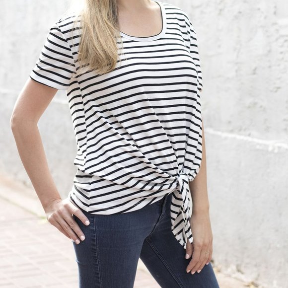 Umgee Tops - White and Black Striped Short Sleeve Tee